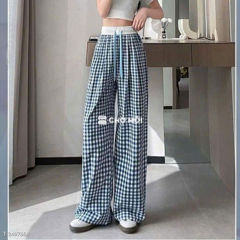 Quần kẻ caro ống rộng dáng suông TTS