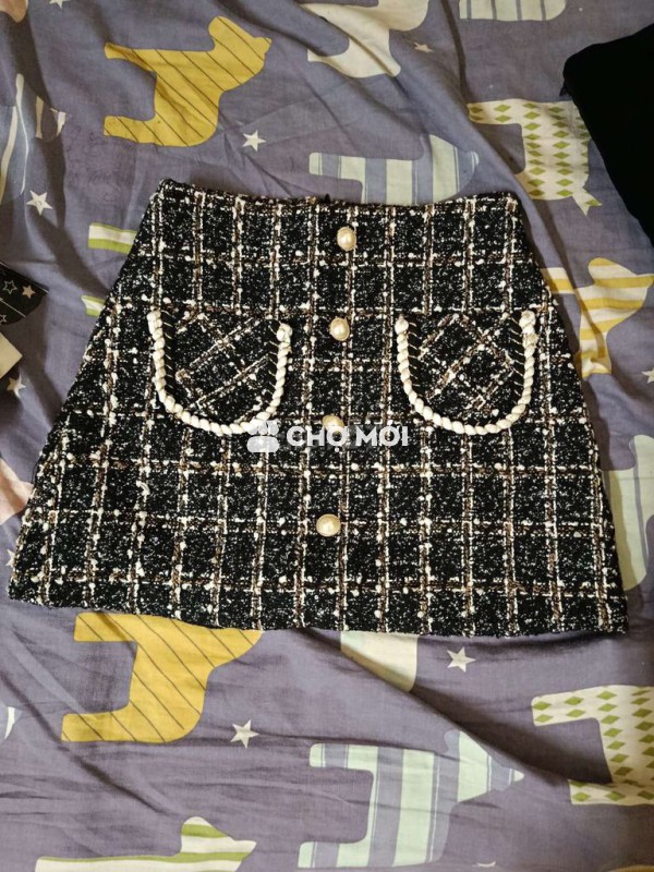 Chân váy nữ vải tweed đen