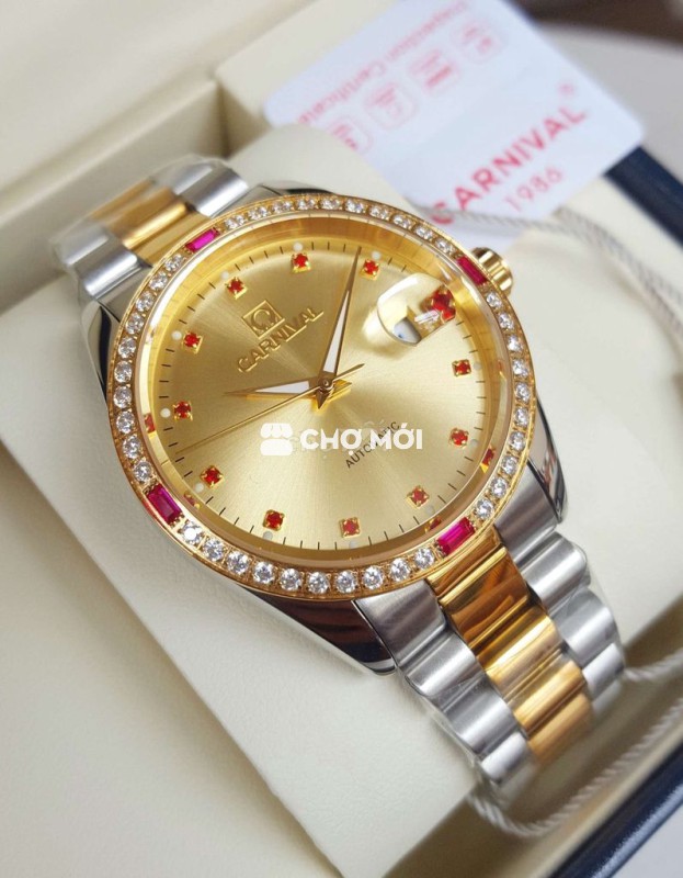 Đồng Hồ Cơ Carnival Bọc Vàng Đính Đá Opal Tinh Tế