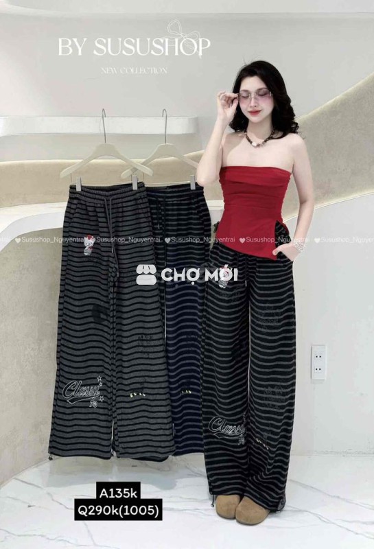 Quần ống rộng Nữ Vải Đen sọc
