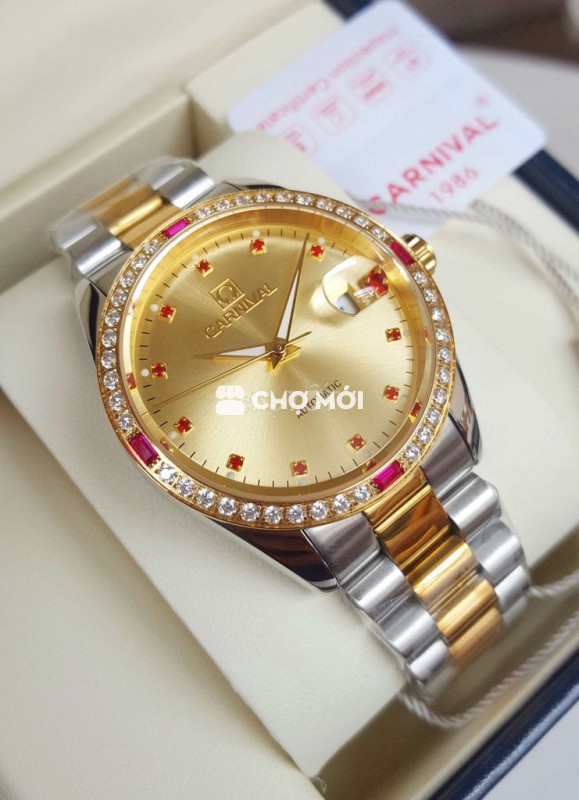 Đồng Hồ Cơ Nam Carnival Ánh Vàng Kim Đính Đá Ruby