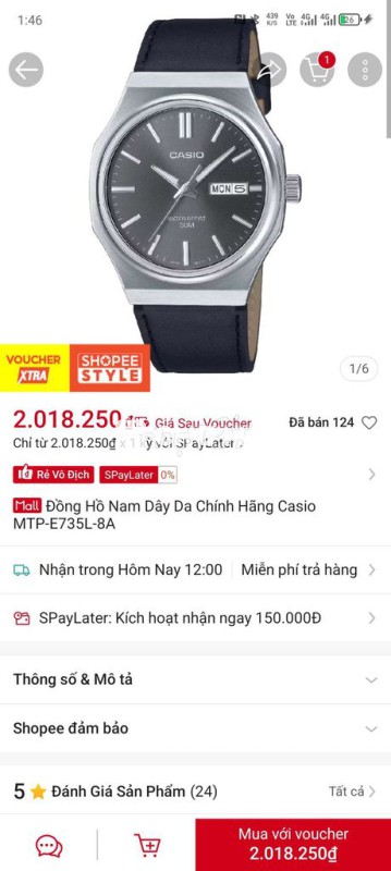 Đồng hồ Casio MTP-E735L-8A Nam Dây da Đen