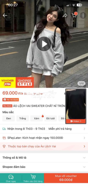 Áo sweater nữ nỉ lệch vai