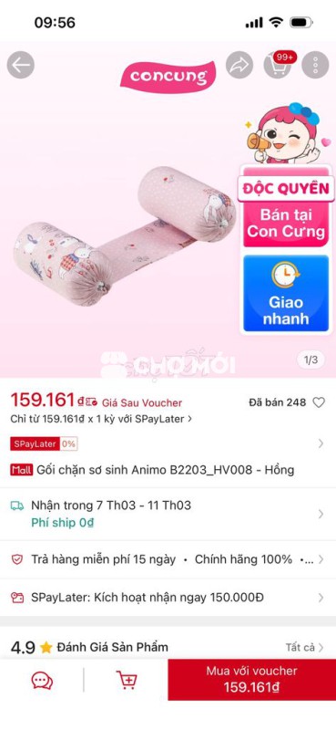 Gối chặn sơ sinh Animo Hồng